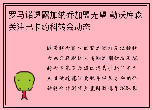 罗马诺透露加纳乔加盟无望 勒沃库森关注巴卡约科转会动态