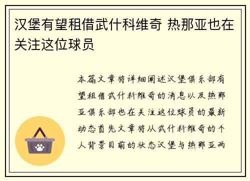 汉堡有望租借武什科维奇 热那亚也在关注这位球员
